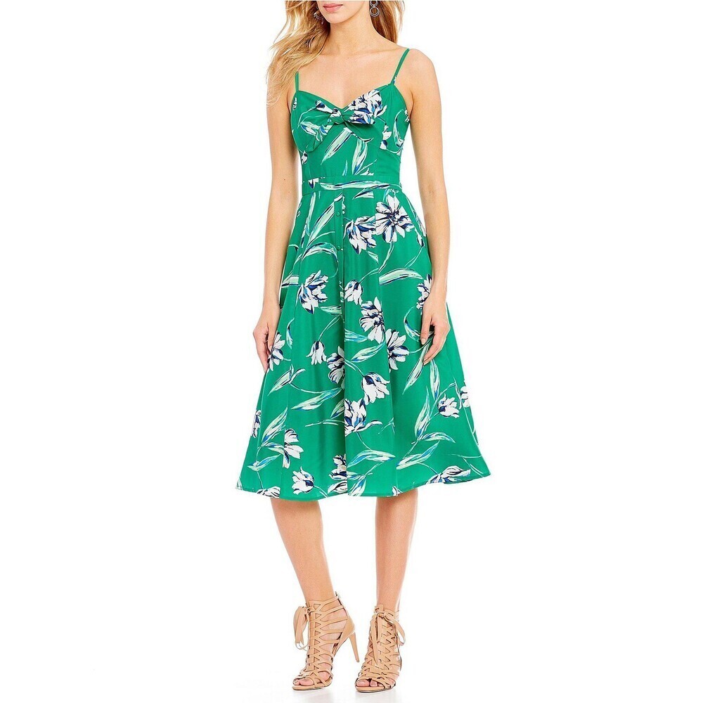 Eliza J Women's Tie Front Midi Dress In Green Floral Print Size 4